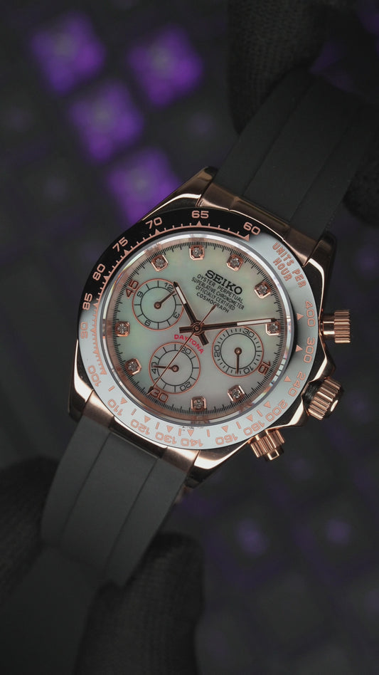 Seiko Mod Daytona in Rose Gold, Mother Of Pearl Dial with Gems.  VK63 mechaquartz chronograph movement.