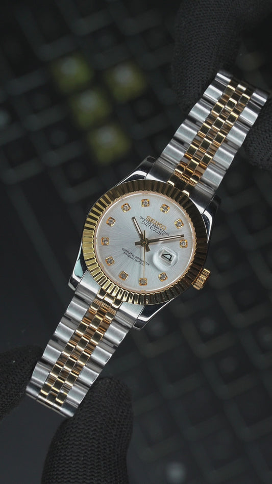 Seiko Mod Datejust Two Tone Yellow Gold with Gems, Women's Watch 31mm with Genuine Seiko NH05 Automatic Movement