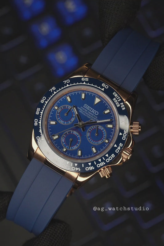 Seiko Mod Daytona in Rose Gold and Blue with VK63 mechaquartz chronograph movement.