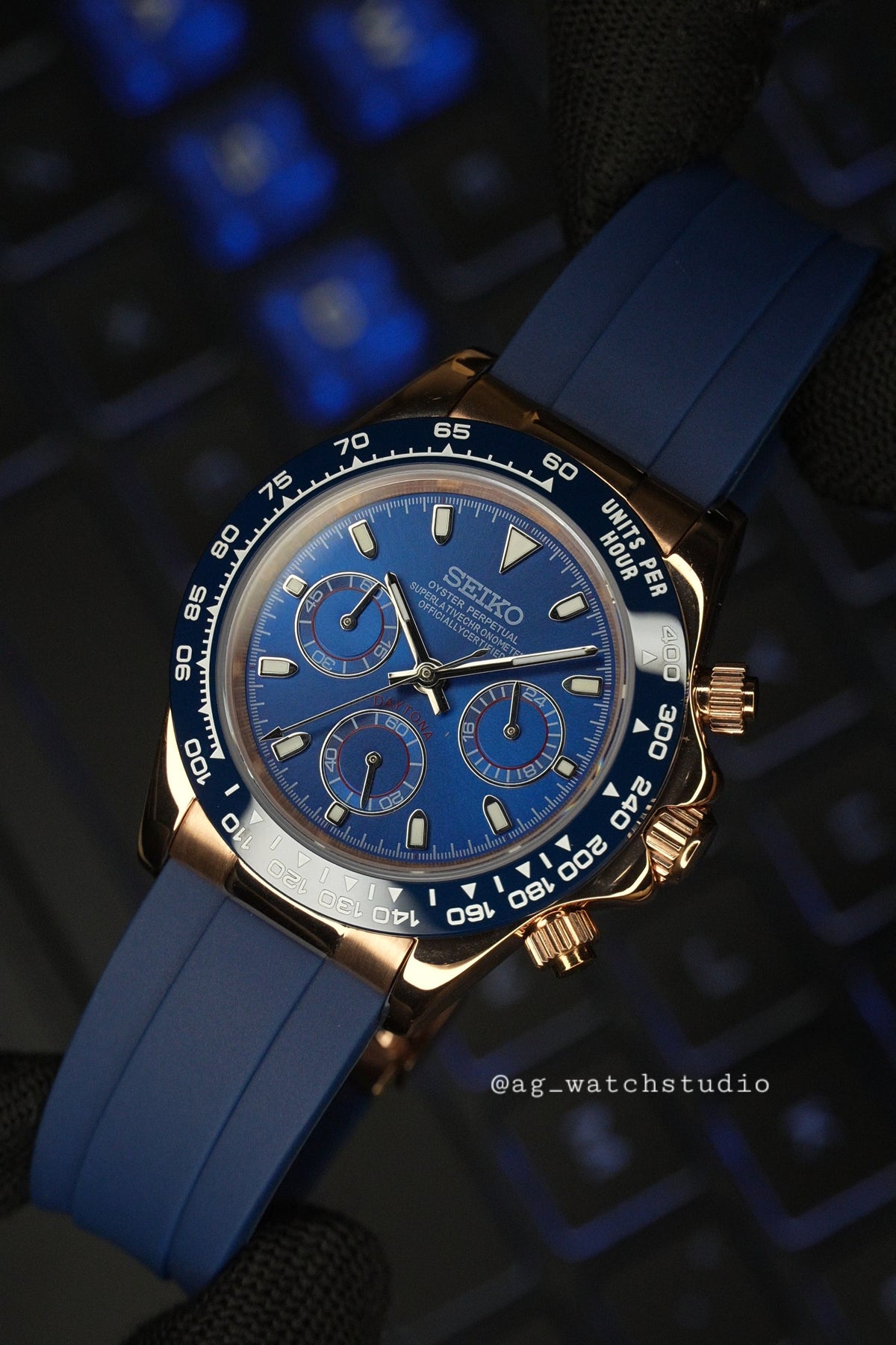 Seiko Mod Daytona in Rose Gold and Blue with VK63 mechaquartz chronograph movement.