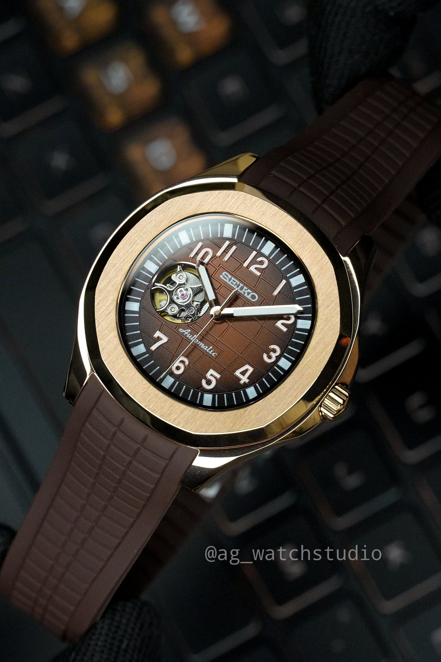 Seiko Mod Aquanaut Open Heart with NH38 Movement (Rose Gold & Brown)