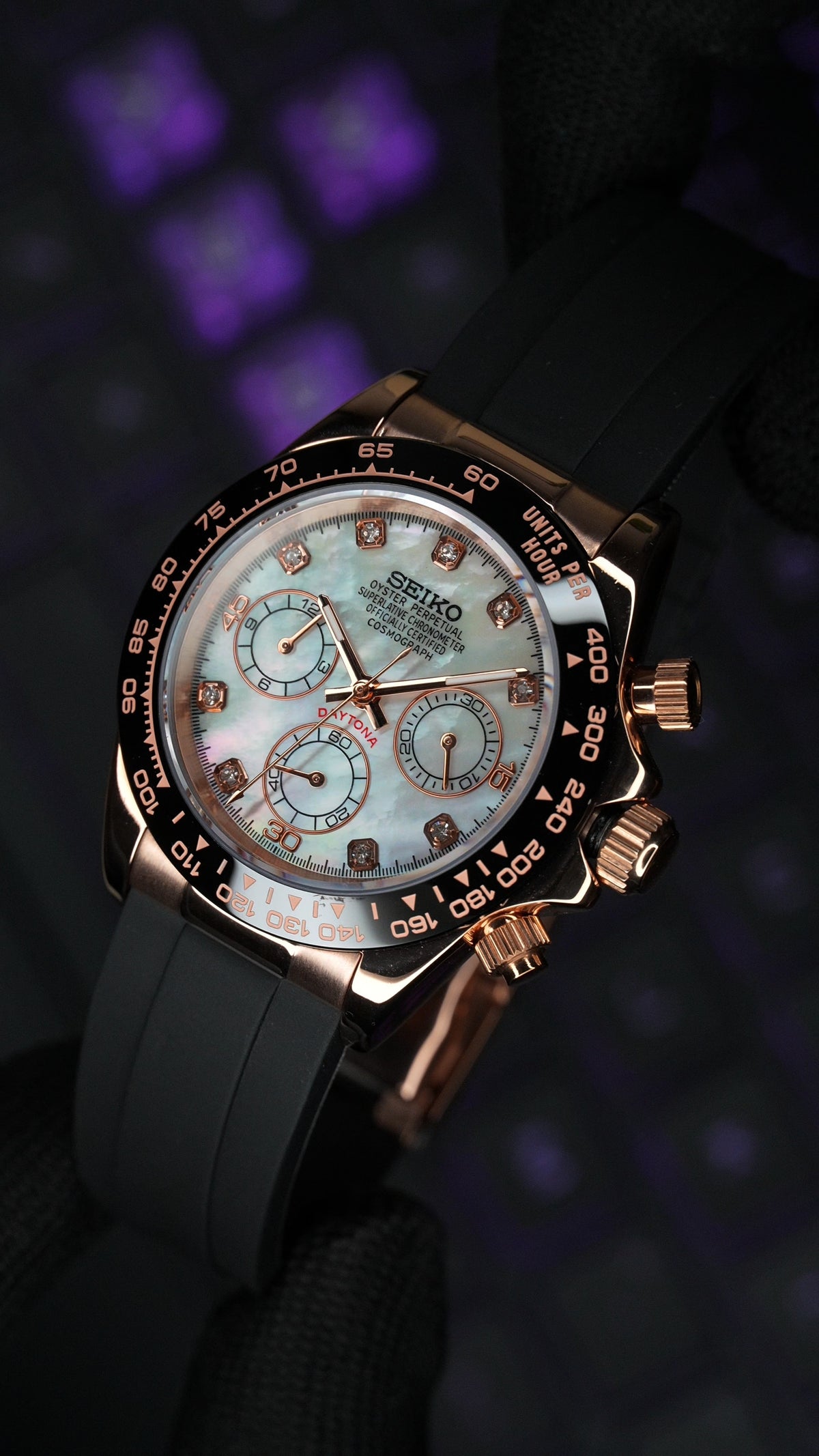 Seiko Mod Daytona in Rose Gold, Mother Of Pearl Dial with Gems.  VK63 mechaquartz chronograph movement.