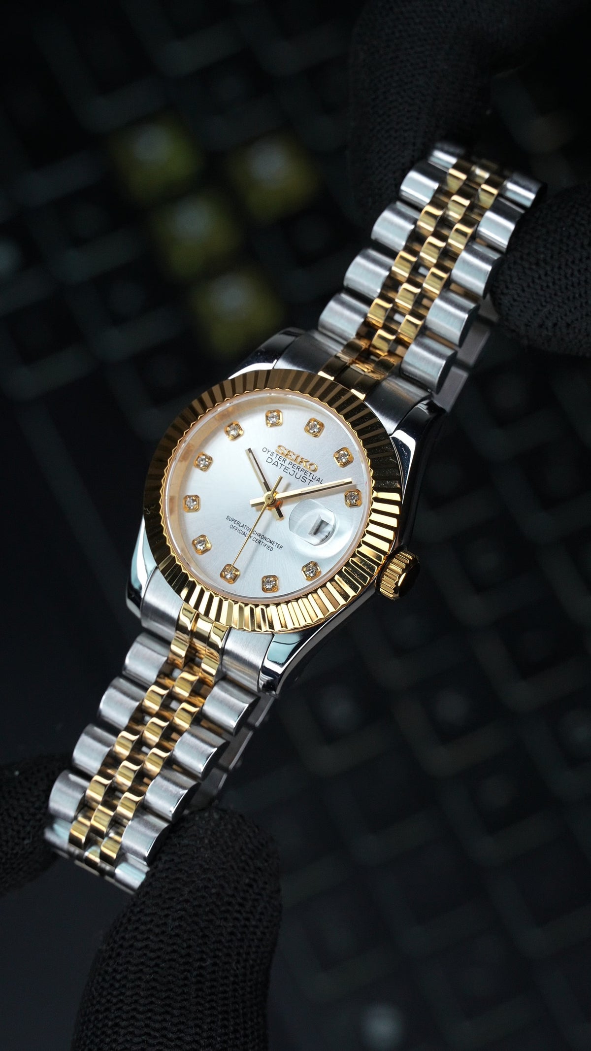 Seiko Mod Datejust Two Tone Yellow Gold with Gems, Women's Watch 31mm with Genuine Seiko NH05 Automatic Movement