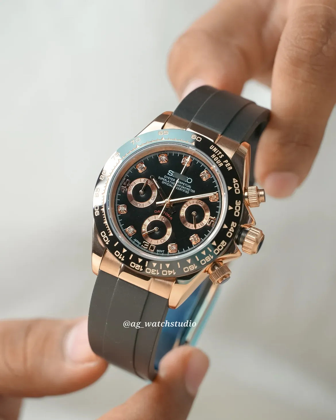 Seiko Mod Daytona in Rose Gold and Gems with VK63 mechaquartz chronograph movement.