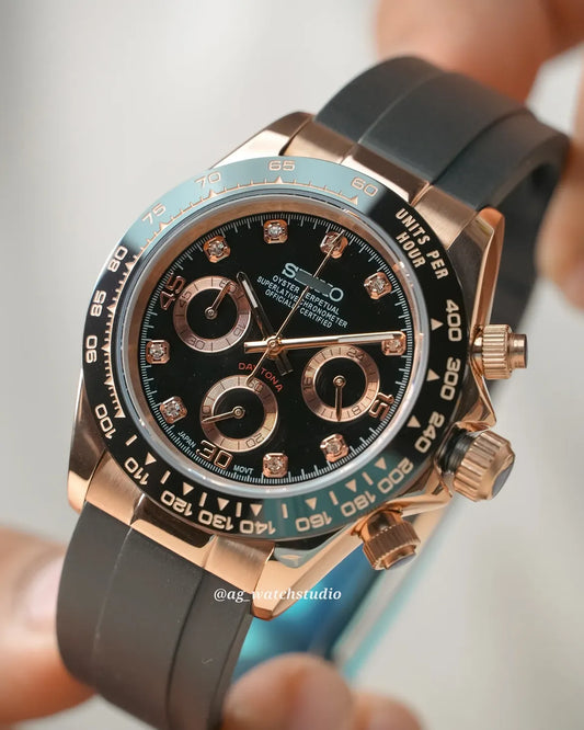 Seiko Mod Daytona in Rose Gold and Gems with VK63 mechaquartz chronograph movement.